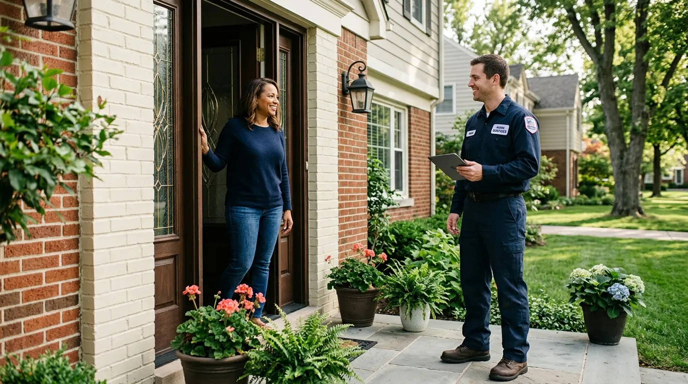 Homeowner greeting a licensed home warranty technician